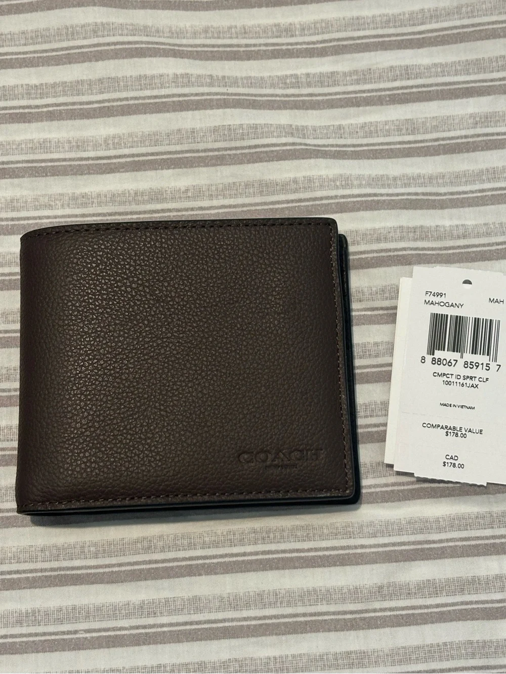 Coach F74991 New Men's Compact ID Wallet Mahogany Brown Calf Leather NWT $178